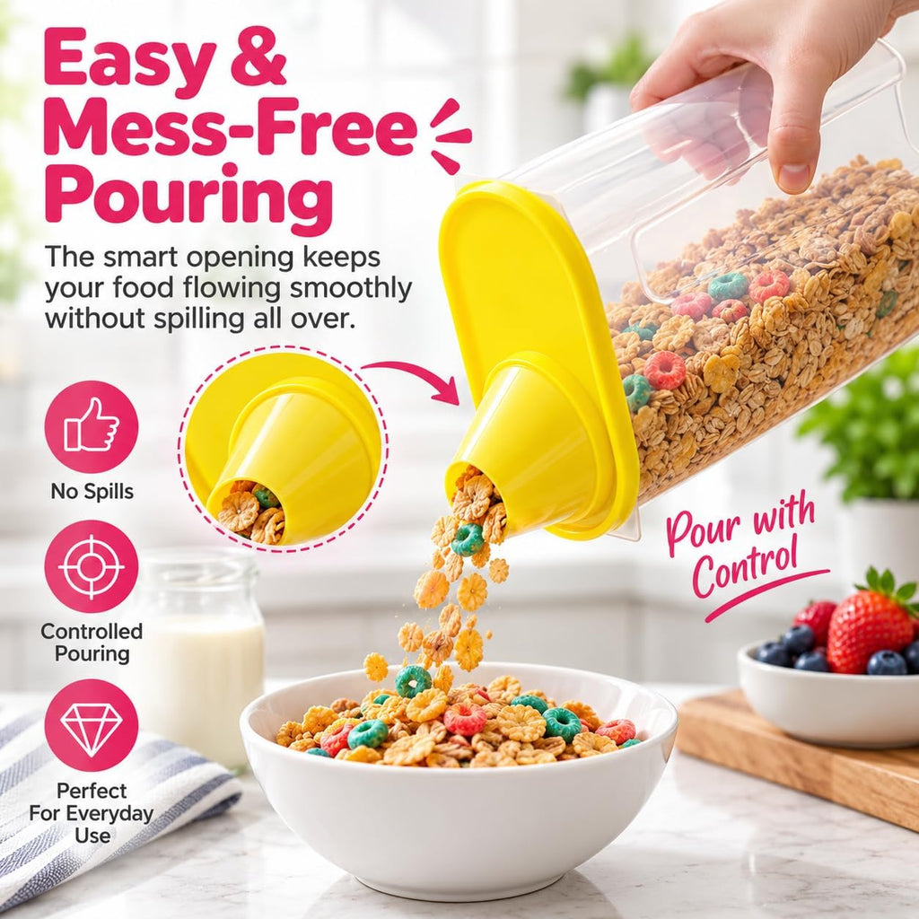 1.9 Liters Set of 3 Small Airtight Food Storage Containers with Pouring Spout and Measuring Cup Lid for Flour Sugar Cereal Rice Pantry Staples & Baking Ingredients in Green Pink and Yellow