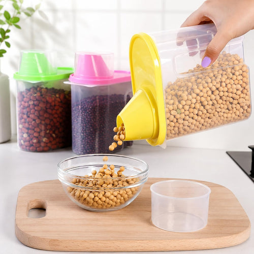 1.9 Liters Set of 3 Small Airtight Food Storage Containers with Pouring Spout and Measuring Cup Lid for Flour Sugar Cereal Rice Pantry Staples & Baking Ingredients in Green Pink and Yellow
