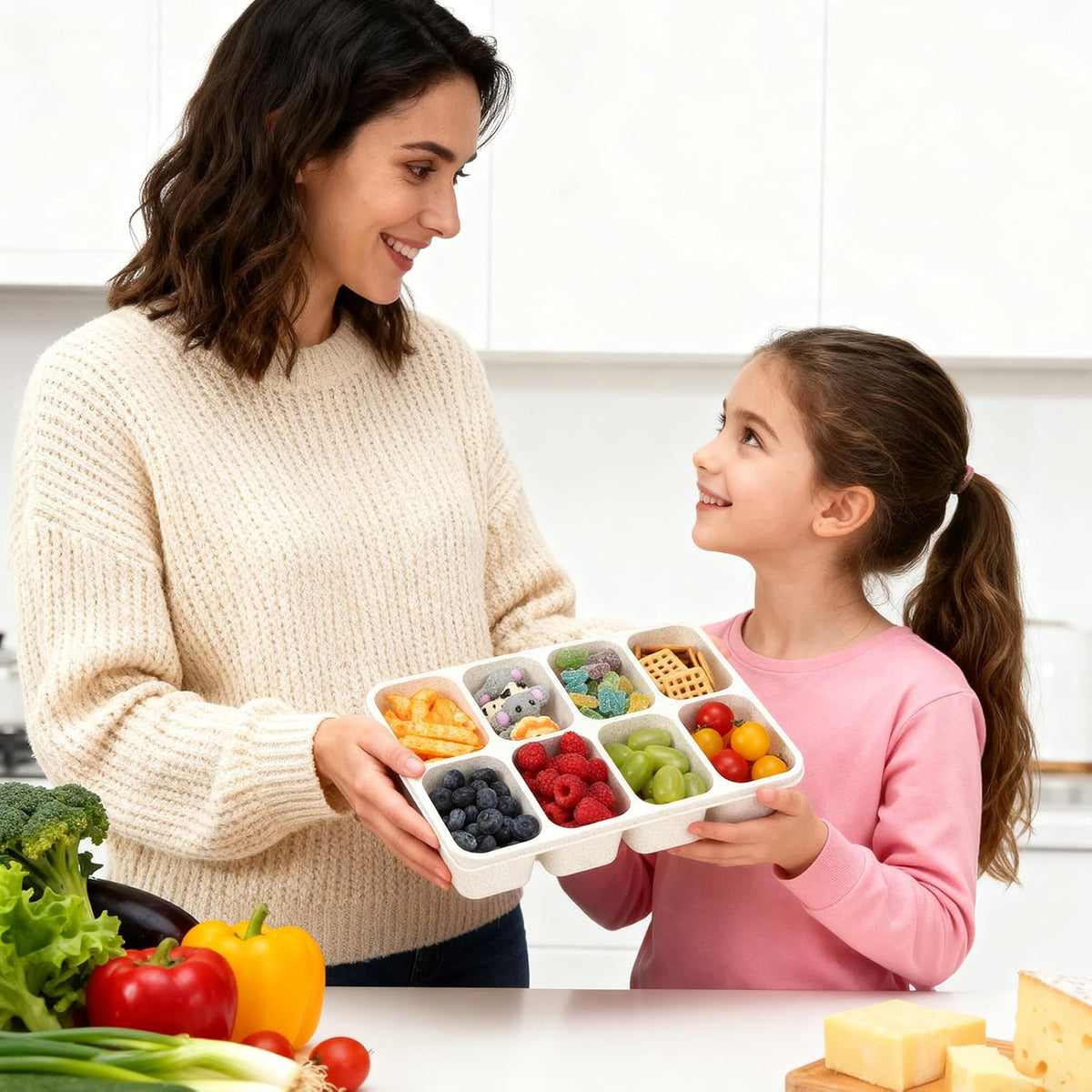nackle Box Container,Leak-Proof Snack Box 8 Compartment Divided Serving Tray with Lid, Dishwasher Safe Food Containers for Fruit Candy Snack Nuts Veggie Party (2 PACK)