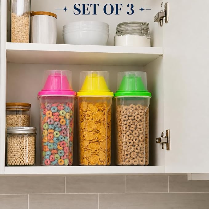 1.9 Liters Set of 3 Small Airtight Food Storage Containers with Pouring Spout and Measuring Cup Lid for Flour Sugar Cereal Rice Pantry Staples & Baking Ingredients in Green Pink and Yellow