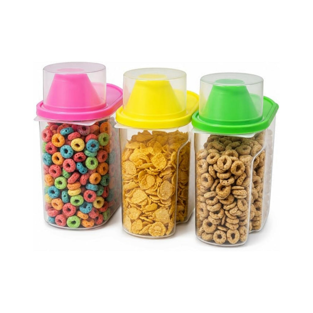1.9 Liters Set of 3 Small Airtight Food Storage Containers with Pouring Spout and Measuring Cup Lid for Flour Sugar Cereal Rice Pantry Staples & Baking Ingredients in Green Pink and Yellow