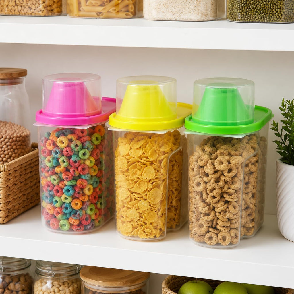 1.9 Liters Set of 3 Small Airtight Food Storage Containers with Pouring Spout and Measuring Cup Lid for Flour Sugar Cereal Rice Pantry Staples & Baking Ingredients in Green Pink and Yellow