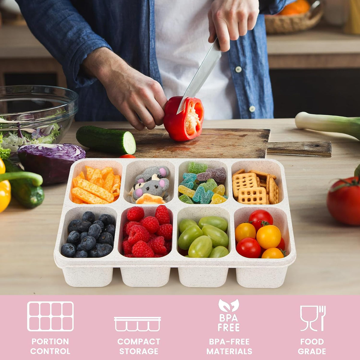nackle Box Container,Leak-Proof Snack Box 8 Compartment Divided Serving Tray with Lid, Dishwasher Safe Food Containers for Fruit Candy Snack Nuts Veggie Party (2 PACK)