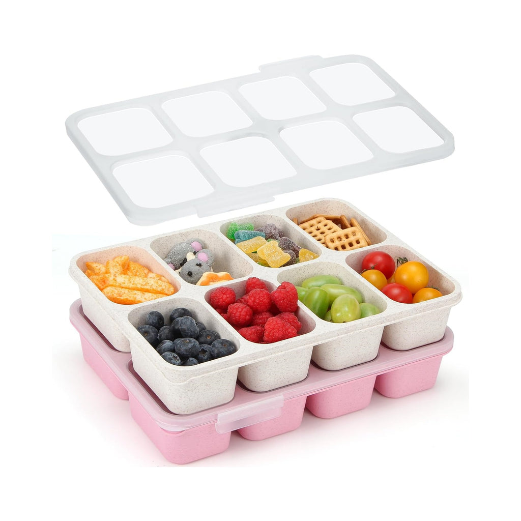 nackle Box Container,Leak-Proof Snack Box 8 Compartment Divided Serving Tray with Lid, Dishwasher Safe Food Containers for Fruit Candy Snack Nuts Veggie Party (2 PACK)