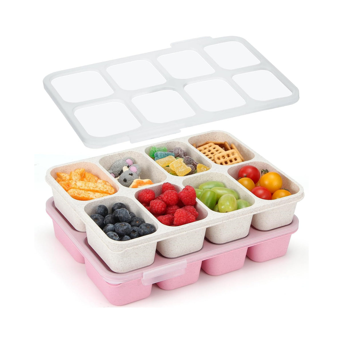 nackle Box Container,Leak-Proof Snack Box 8 Compartment Divided Serving Tray with Lid, Dishwasher Safe Food Containers for Fruit Candy Snack Nuts Veggie Party (2 PACK)