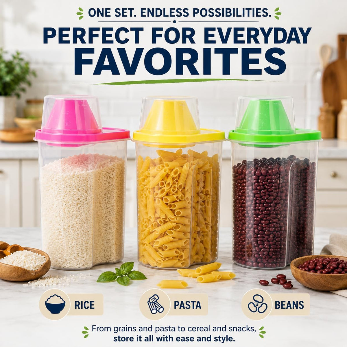1.9 Liters Set of 3 Small Airtight Food Storage Containers with Pouring Spout and Measuring Cup Lid for Flour Sugar Cereal Rice Pantry Staples & Baking Ingredients in Green Pink and Yellow