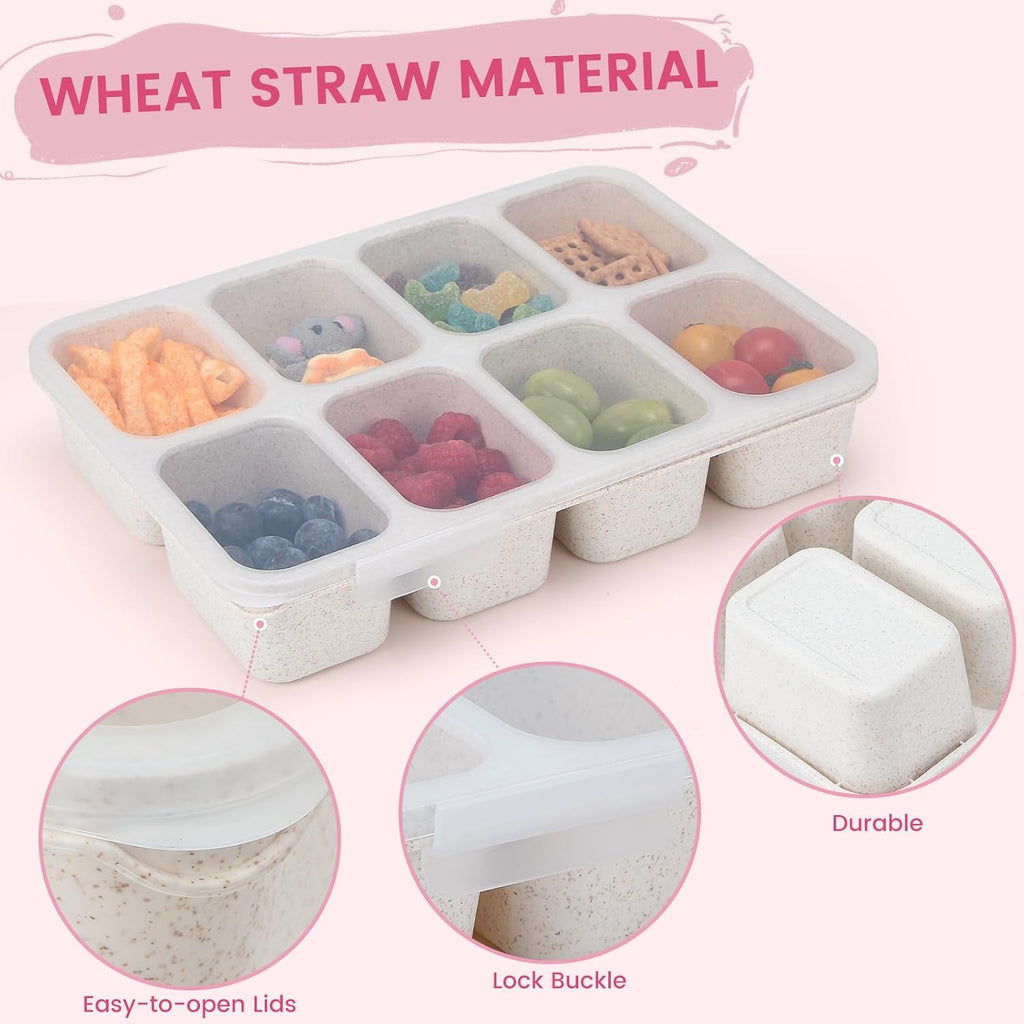 nackle Box Container,Leak-Proof Snack Box 8 Compartment Divided Serving Tray with Lid, Dishwasher Safe Food Containers for Fruit Candy Snack Nuts Veggie Party (2 PACK)