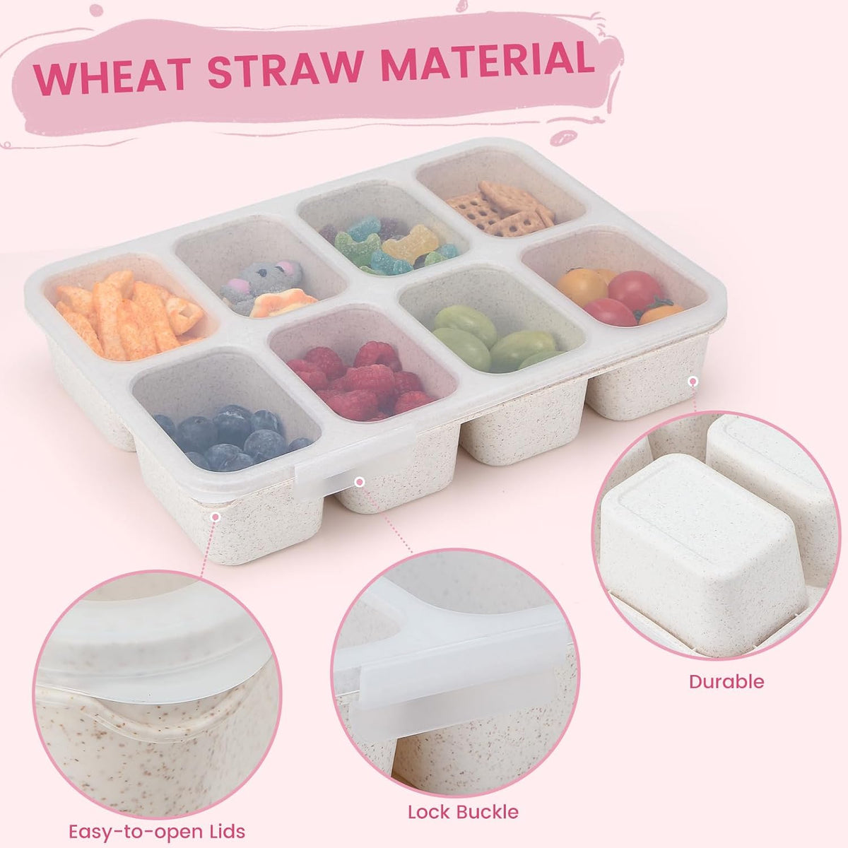 nackle Box Container,Leak-Proof Snack Box 8 Compartment Divided Serving Tray with Lid, Dishwasher Safe Food Containers for Fruit Candy Snack Nuts Veggie Party (2 PACK)